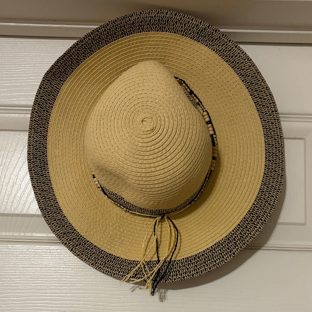 Wide Brim Straw Sun Hat with Black Trim